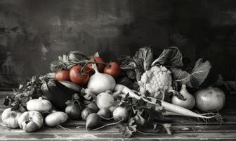 ai généré composition avec variété de brut des légumes. noir et blanc image. photo