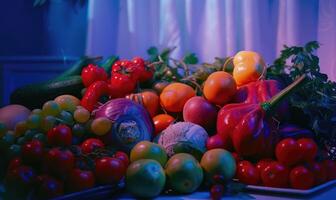 ai généré des fruits et des légumes. en bonne santé nourriture Contexte. sélectif se concentrer. photo