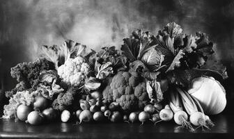 ai généré encore la vie avec des légumes sur une rustique Contexte. noir et blanche. photo