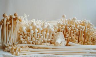 ai généré proche en haut de Shimeji champignons sur blanc Contexte. Shimeji est une gentil de comestible champignon. photo