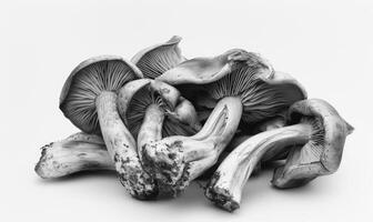 ai généré comestible champignons sur une blanc Contexte. monochrome image. photo