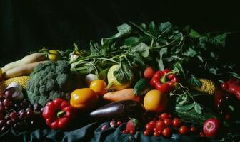 ai généré encore la vie légumes, herbes et fruit comme Ingrédients dans cuisson. photo