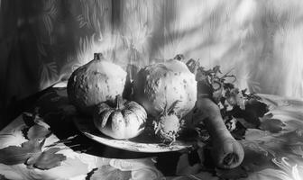 ai généré l'automne encore la vie avec citrouilles. noir et blanc photo. photo