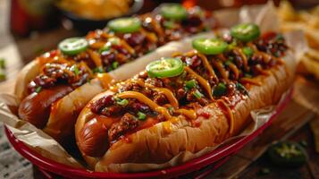 ai généré le Chili fromage chien dans rouge bol photo