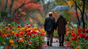 ai généré homme et femme en marchant par champ de fleurs photo