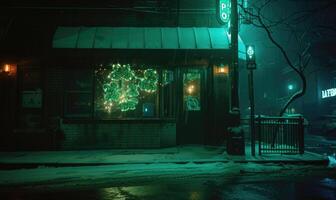 ai généré rue dans le ville à nuit dans l'hiver. foncé vert Ton. photo