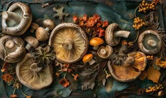 ai généré l'automne encore la vie avec champignons et l'automne feuilles sur une bleu Contexte photo