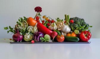 ai généré des légumes dans une plateau sur une blanc table dans le cuisine photo