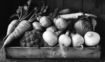 ai généré récolte des légumes. noir et blanc photo. Haut voir. photo