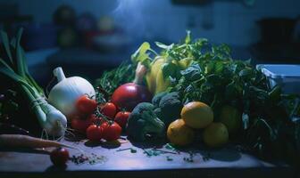 ai généré composition avec variété de brut biologique des légumes sur table dans cuisine à nuit photo