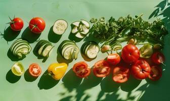 ai généré Frais des légumes sur une vert Contexte. Haut voir. plat poser. photo