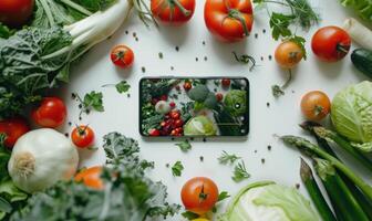 ai généré téléphone intelligent avec une photo de des légumes sur une blanc arrière-plan, Haut vue