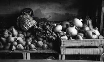 ai généré des fruits et des légumes sur le compteur dans le magasin. noir et blanc photo. photo