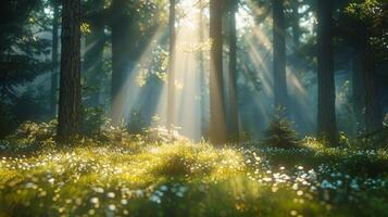 ai généré dense forêt paysage avec abondant des arbres et herbe photo