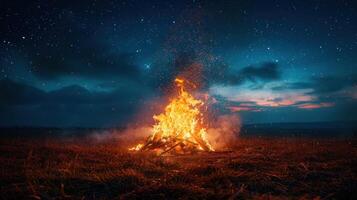 ai généré feu de camp brûlant brillant dans ouvert champ à nuit photo