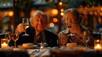 ai généré couple séance à table avec du vin des lunettes photo