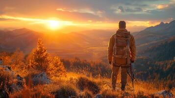 ai généré homme en portant fusil sur Montagne Haut photo