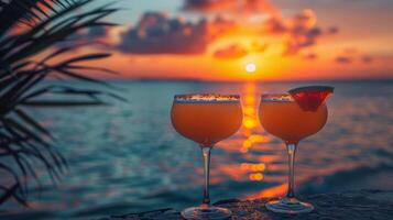 ai généré deux des lunettes de la glace thé sur une plage à le coucher du soleil photo