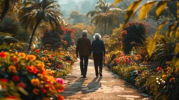 ai généré deux gens en marchant le long de bordée de fleurs chemin photo