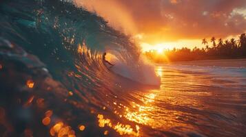 ai généré homme équitation vague sur planche de surf photo