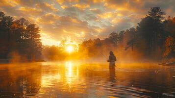 ai généré homme permanent dans l'eau en portant pêche pôle photo