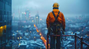 ai généré homme permanent sur Haut de grand bâtiment photo