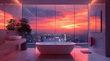 ai généré luxueux salle de bains avec baignoire et ville vue photo