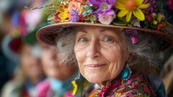 ai généré femme portant chapeau avec fleurs photo