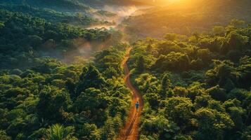 ai généré une vibrant photo capturer une coureur dans mouvement comme elles ou ils faire du jogging le long de une scénique Piste avec luxuriant verdure