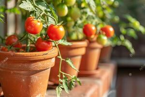 ai généré mûr tomates croissance dans terrasse jardin pot avec ai généré. photo