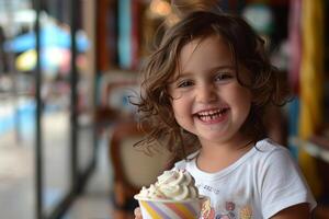 ai généré content enfant profiter une tasse de la glace crème. photo