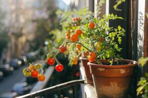 ai généré mûr tomates croissance dans terrasse jardin pot avec ai généré. photo