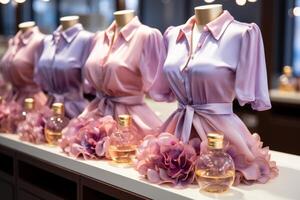 ai généré beaucoup rose et violet chemisiers sur le étagères dans cette boutique photo