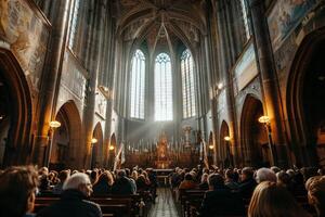 ai généré lumière du soleil diffusion par église pendant un service avec ai généré. photo