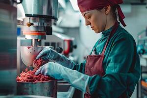 ai généré Boucher en train de préparer haché Viande dans usine. photo