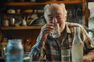 ai généré Sénior homme souriant tandis que en buvant l'eau avec ai généré. photo