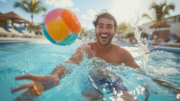 ai généré homme en jouant avec plage Balle dans bassin photo