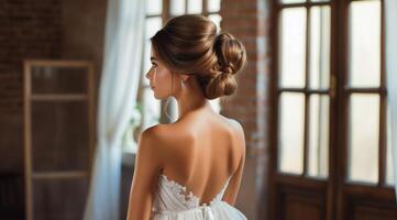 ai généré de mariée updo coiffure avec élégant dentelle robe photo