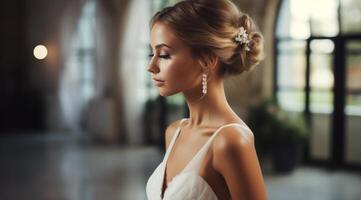 ai généré une la mariée avec sa cheveux tiré dans une Haut nouer. photo