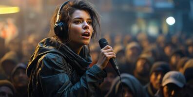 ai généré femme dans une noir casque portant une microphone photo