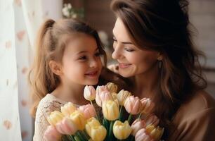 ai généré une femme et enfant permanent proche à chaque autre avec une bouquet de tulipes photo