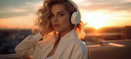 ai généré une fille portant écouteurs dans le Contexte pendant le coucher du soleil photo