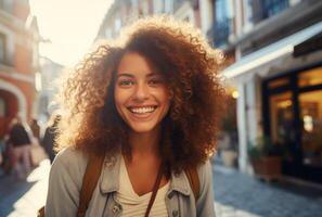 ai généré une touristique Jeune la personne prise une selfie dans le centre photo