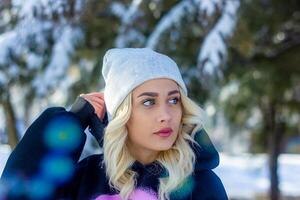 portrait de une femme dans une parc, portrait de une femme dans hiver parc, portrait de une blond femme, femme dans chapeau photo