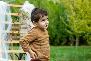 le peu enfant en jouant dans le parc avec des fruits, peu fille dans le l'automne parc photo