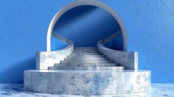 ai généré une bleu mur avec une marbre escalier de premier plan à une bleu porte photo