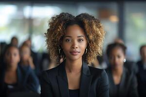 ai généré portrait de une prêt et sur de soi femme d'affaires avec frisé cheveux dans une contemporain Bureau environnement photo