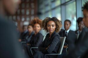 ai généré africain femme d'affaires engagé dans une professionnel séminaire avec pairs. photo