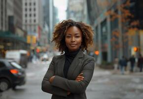 ai généré professionnel africain américain femme d'affaires permanent en toute confiance dans ville photo