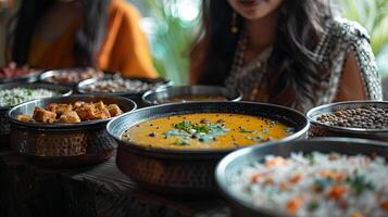 ai généré authentique Indien dîner avec dal et paneer servi dans traditionnel boules photo